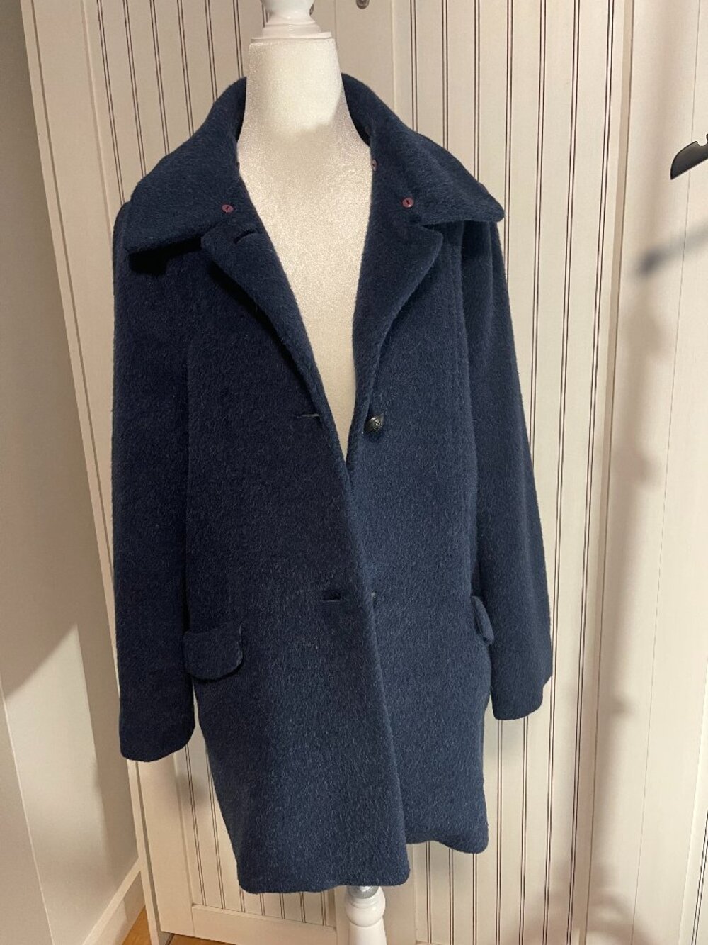 THEE Navy Wool Blend Coat | Korean Designer Long Winter Coat | Size M